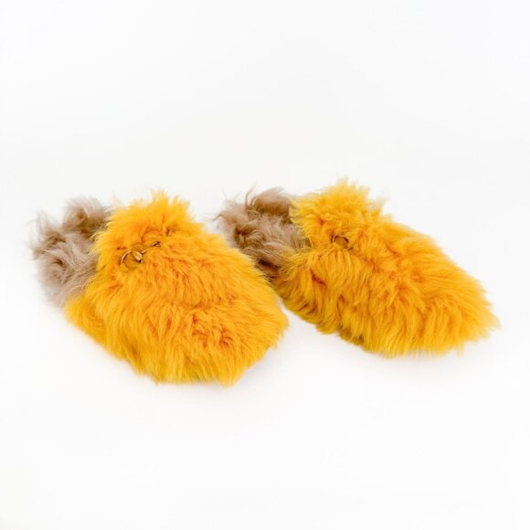 Gucci Princetown Horsebit Mule EU 37 US 7 Yellow Merino Wool Slipper Fur Loafer - Picture 1 of 9